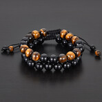 Tiger Eye + Onyx Stones Bead Adjustable Bracelets // Set of 2 // 8"