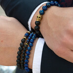 Lapis Lazuli + Gold Plated Hematite + Lava + Wood Bead Stretch Bracelets // Set of 3 // 8"