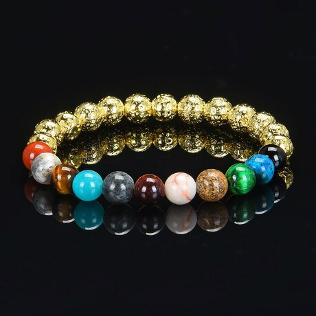 Golden Coated Lava + Natural Stones Solar System Bead Stretch Bracelet // 8"