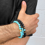 Turquoise + Gold Plated Hematite + Lava + Wood Bead Stretch Bracelets // Set of 3 // 8"