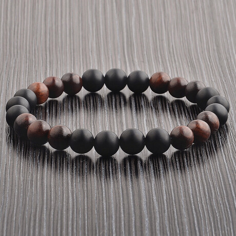 Red Sandalwood Willow Wood + Matte Onyx Stone Bead Stretch Bracelet // 8"
