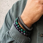 Green Tiger Eye + Matte Onyx Stone Stretch Bracelet // 8.25"