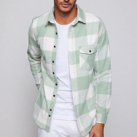 Slim Fit Flap Pocket Checkered Lumberjack Shirt // White + Green Mint (S)