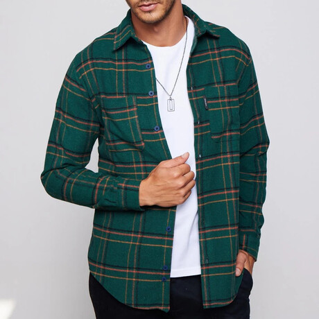 Slim Fit Double Pocket Checked Plaid Shirt // Green + Multicolor (S)