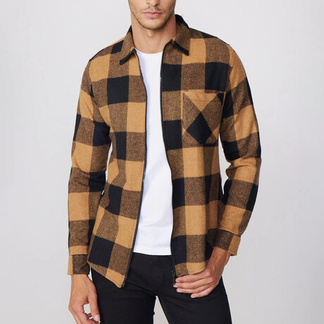 Slim Fit Zippered Checkered Lumberjack Shirt // Black + Yellow (S)