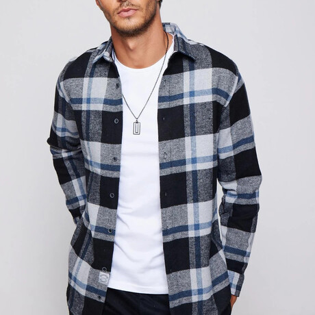 Slim Fit Double Pocket Flap Plaid Lumberjack Shirt // Black + White + Navy Blue (S)
