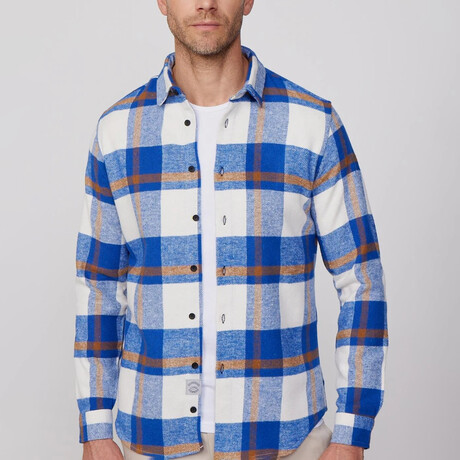 Slim Fit Double Pocket Flap Plaid Lumberjack Shirt // Blue + White + Beige (S)