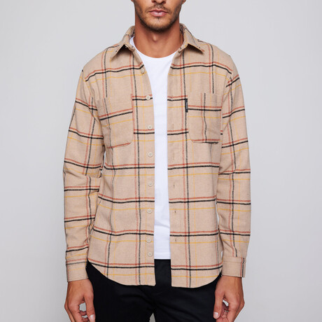 Slim Fit Double Pocket Checked Plaid Shirt // Beige + Multicolor (S)