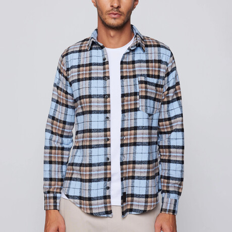 Slim Fit Winter Narrow Cut Plaid Single Pocket Lumberjack Shirt // Light Blue + Multicolor (S)