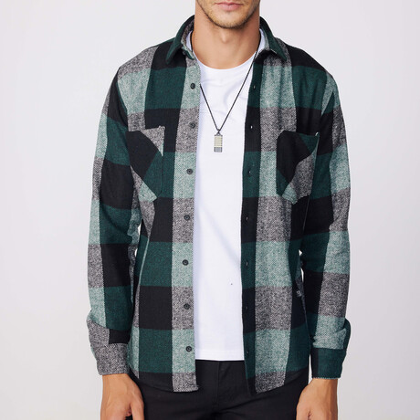 Slim Fit Checkered Double Pocket Lumberjack Washed Out Shirt // Green + Black (S)