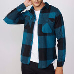 Slim Fit Large Checked Double Pocket Lumberjack Shirt // Black + Blue (S)