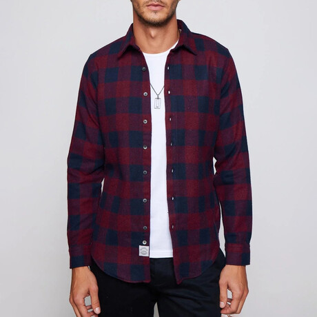 Slim Fit Narrow Cut Checked Sport Collar Lumberjack Shirt // Blue Navy + Burgundy (S)
