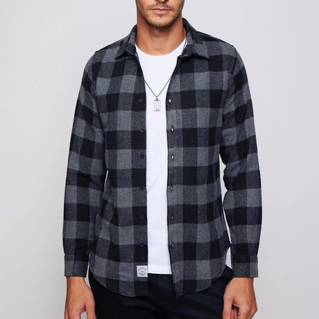 Slim Fit Narrow Cut Checked Sport Collar Lumberjack Shirt // Black + Gray (S)