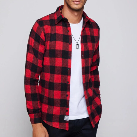 Slim Fit Narrow Cut Checked Sport Collar Lumberjack Shirt // Black + Red (S)