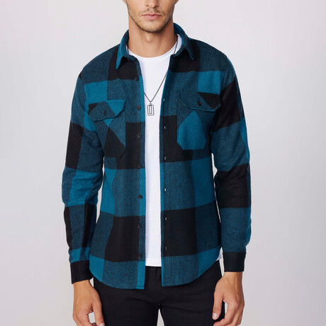 Slim Fit Large Checked Double Pocket Lumberjack Shirt // Black + Blue (S)