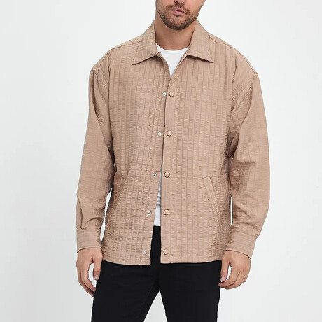 Striped Textured Oversize Shirt Jacket // Beige (S)