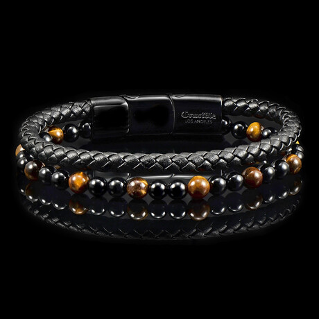 Tiger Eye + Onyx Stone + Layered Leather Cuff Bracelet // Brown + Black