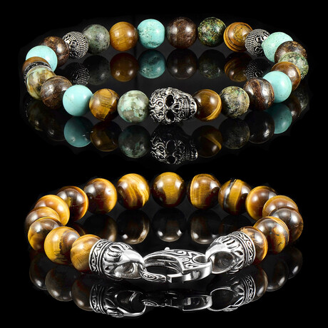 Skull Bead + Tiger Eye + Turquoise + African Turquoise + Bronzite Bracelets // Set of 2 // Blue + Green + Brown + Silver
