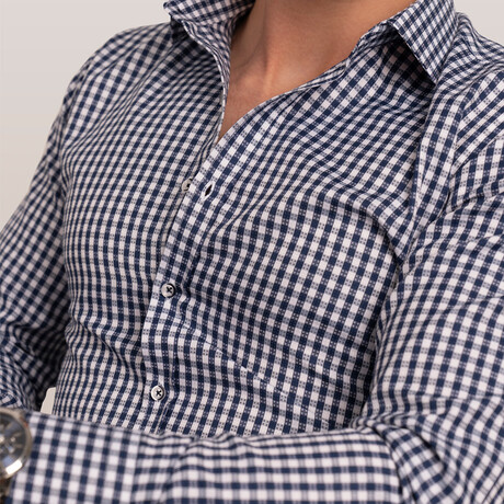 Checkered Button Up Shirt // White + Navy Blue (L)