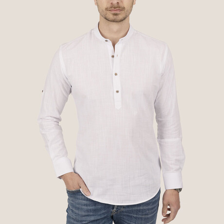 Mandarin Collar Quarter-Button Shirt // White (S)