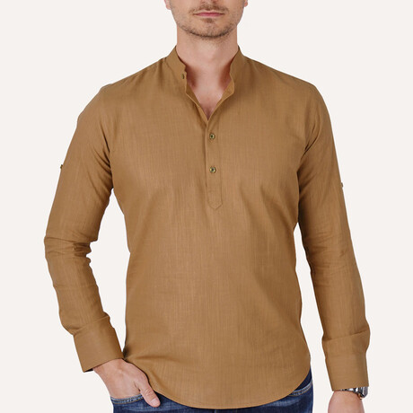 Mandarin Collar Quarter-Button Shirt // Tan (S)