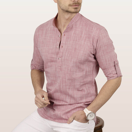 Mandarin Collar Quarter-Button Shirt // Melange Light Cherry (S)