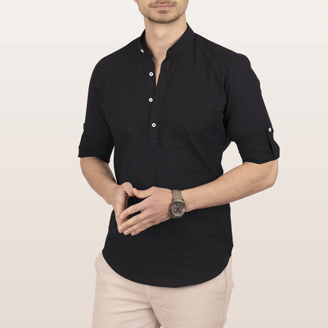 Mandarin Collar Quarter-Button Shirt // Black (S)
