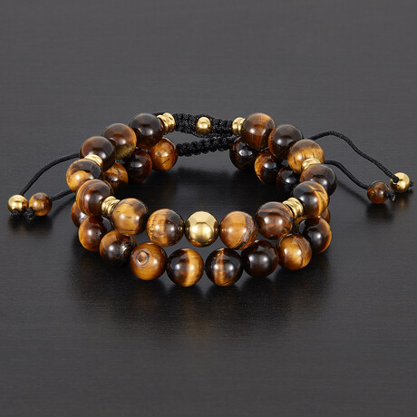 Tiger Eye Stones + Gold Plated Steel Beads Adjustable Bracelet // Set of 2 // 8"