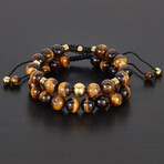 Tiger Eye Stones + Gold Plated Steel Beads Adjustable Bracelet // Set of 2 // 8"