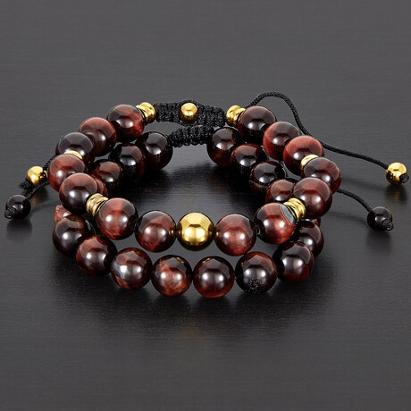 Red Tiger Eye Stones + Gold Plated Steel Beads Adjustable Bracelet // Set of 2 // 8"