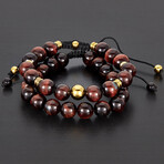 Red Tiger Eye Stones + Gold Plated Steel Beads Adjustable Bracelet // Set of 2 // 8"