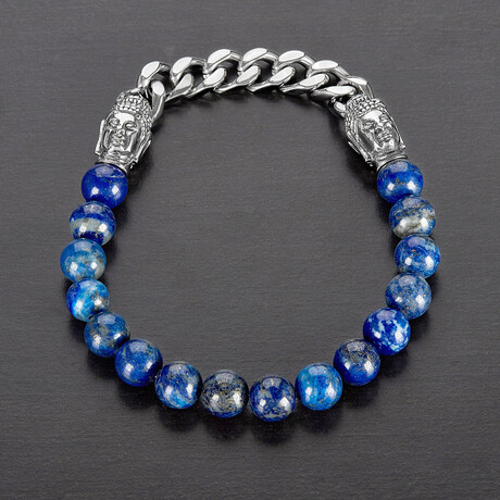 Lapis Lazuli Stone + Stainless Steel Buddha Heads Stone Stretch Bracelet // 8.5"