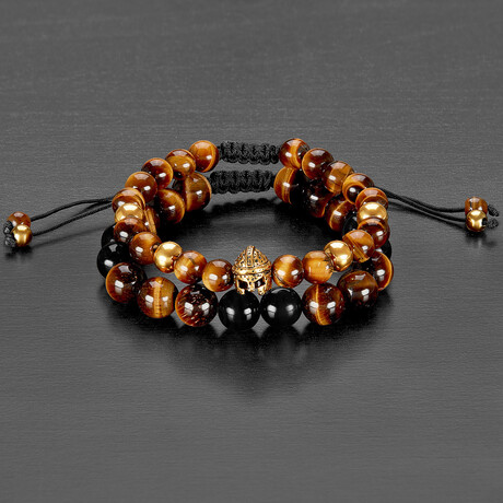 Tiger Eye Stones + Onyx + Steel Spartan Head Adjustable Bracelets // Set of 2 // 8"