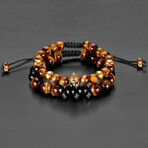 Tiger Eye Stones + Onyx + Steel Spartan Head Adjustable Bracelets // Set of 2 // 8"