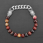 Red Agate Stone + Stainless Steel Buddha Heads Stone Stretch Bracelet // 8.5"