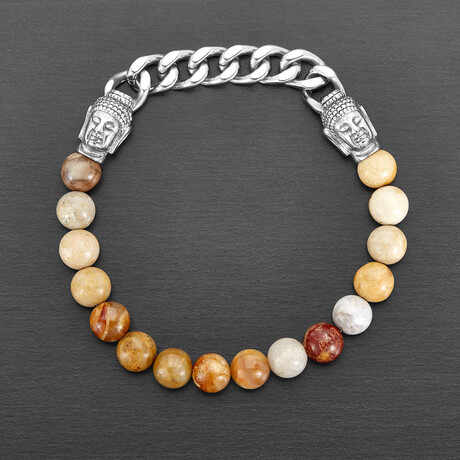 Crazy Lace Agate Stone + Steel Buddha Heads Stone Stretch Bracelet // 8.5"