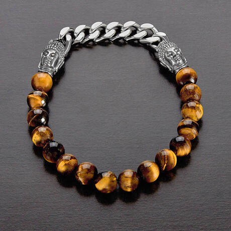 Tiger Eye Stone + Stainless Steel Buddha Heads Stone Stretch Bracelet // 8.5"