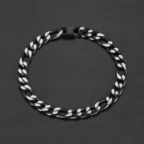 Matte Finish Black Plated Two Tone Stainless Steel Figaro Chain Bracelet // 8.5"