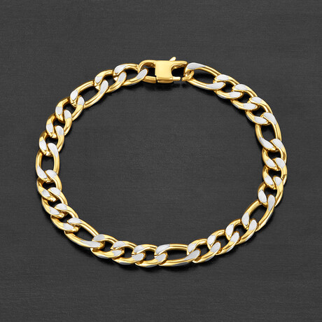 Matte Finish Gold Plated Two Tone Stainless Steel Figaro Chain Bracelet // 8.5"