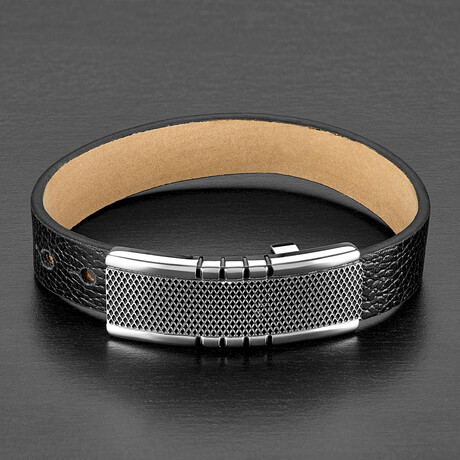 Criss Cross Steel Buckle Clasp + Black Leather Bracelet // 9"