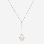 18K White Gold Fresh Water Pearl + Diamond Drop Pendant Necklace // 15"