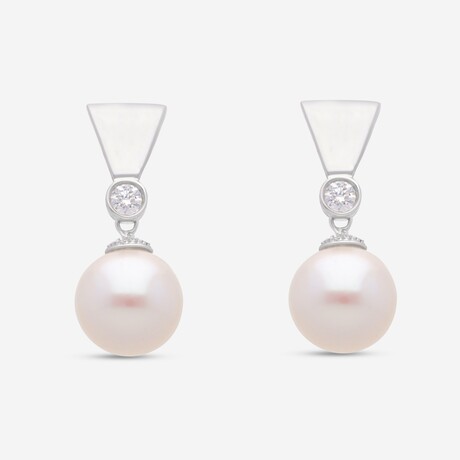 18K White Gold White Fresh Water Pearls + Diamond Drop Earrings