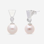 18K White Gold White Fresh Water Pearls + Diamond Drop Earrings