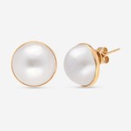 18K Yellow Gold Two Round White Mabe Pearl Studs Earrings