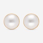 18K Yellow Gold Two Round White Mabe Pearl Studs Earrings