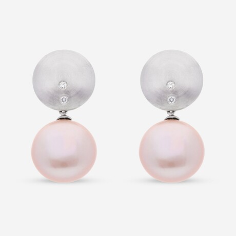 18K White Gold Fresh Water Pink Coin Pearl + Diamond Drop Earrings