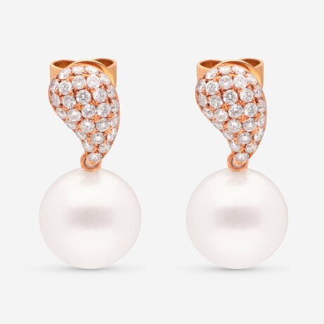 18K Yellow Gold Round Akoya Pearls + Diamond Drop Earrings