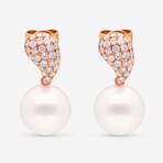 18K Yellow Gold Round Akoya Pearls + Diamond Drop Earrings