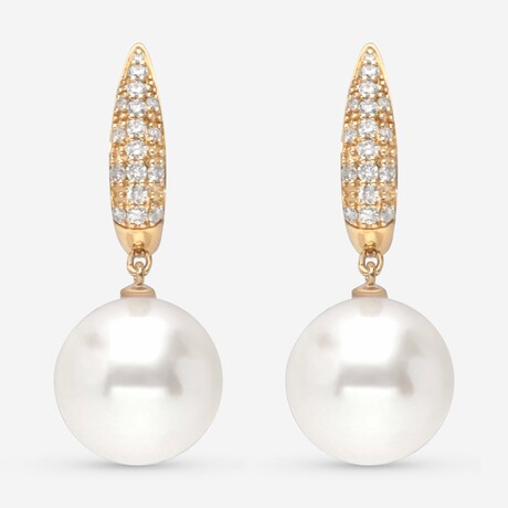 18K Yellow Gold Fresh Water Pearls + Diamond Drop Earrings