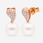 18K Yellow Gold Round Akoya Pearls + Diamond Drop Earrings
